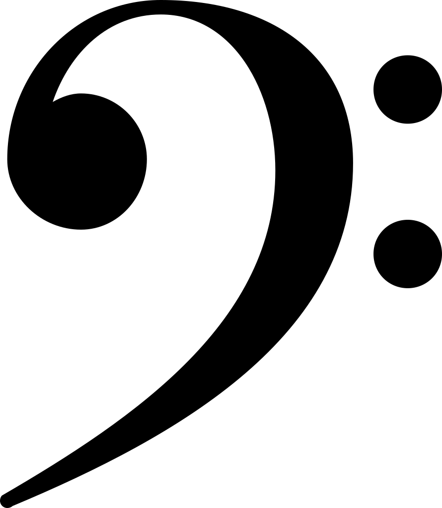 Bass clef: ear-shaped symbol with two dots.